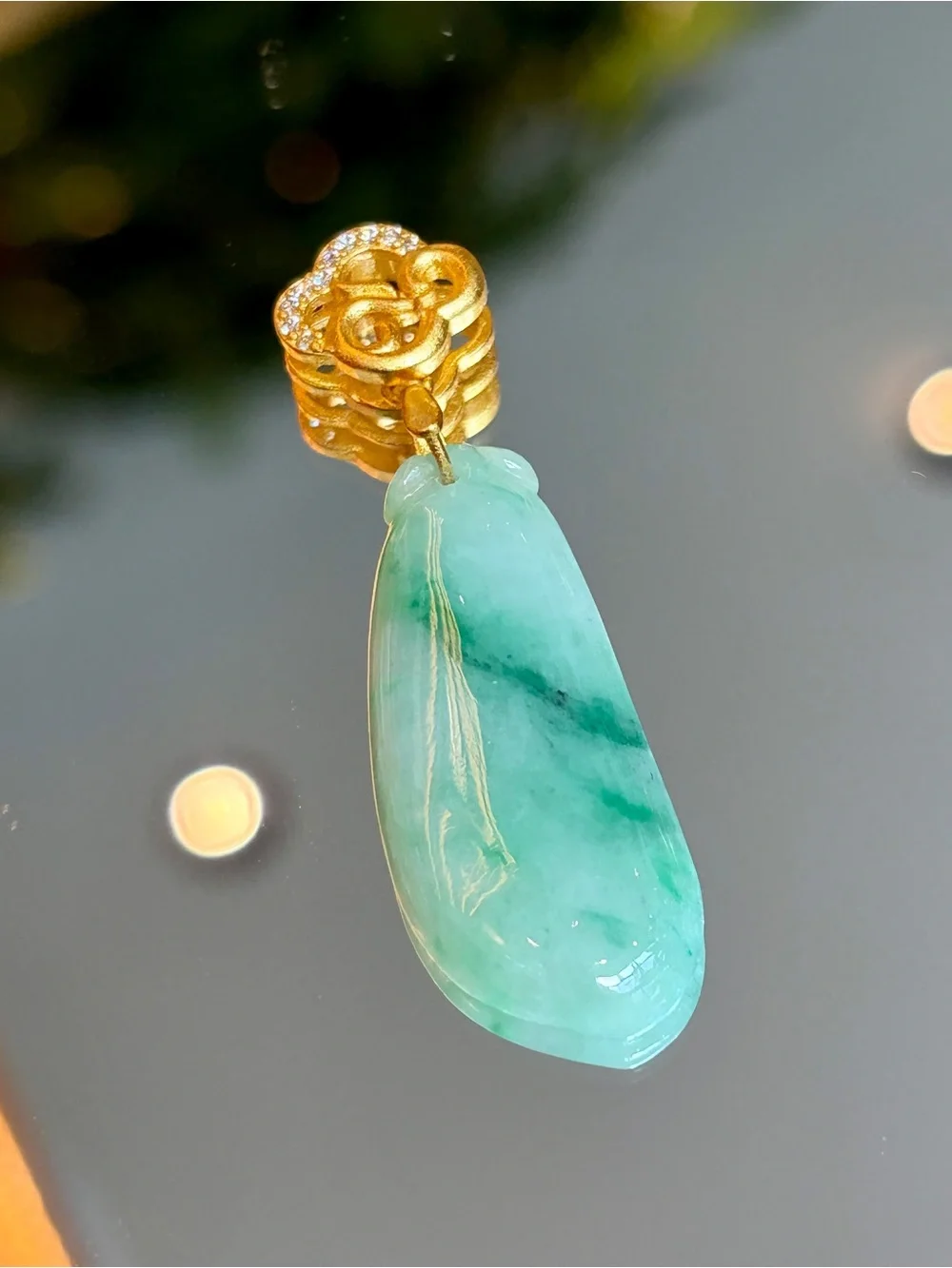 Grade A Burmese Jadeite Fu Gua Fortune Melon Pendant/Gold-Plated Silver Bail